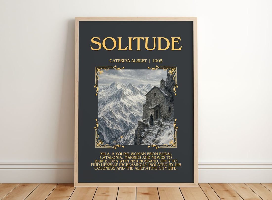Solitude Minimalist Book Poster by Caterina Albert – framed print leaning on a wooden floor