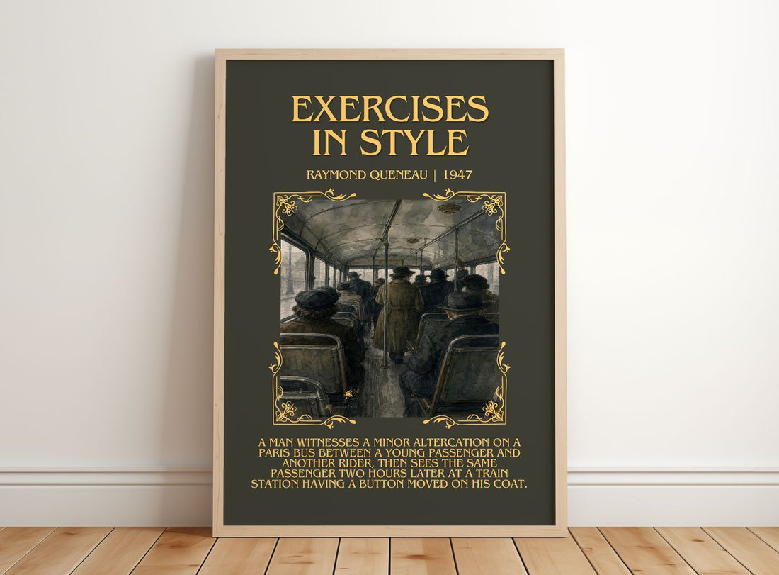 Exercises in Style Minimalist Book Poster by Raymond Queneau – framed print leaning on a wooden floor