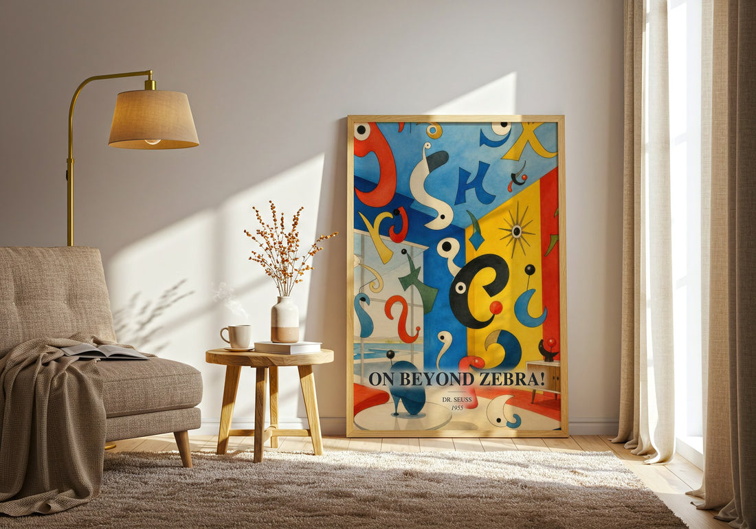 On Beyond Zebra! watercolour print in frame leaning in hallway – childrens wall art (mockup)