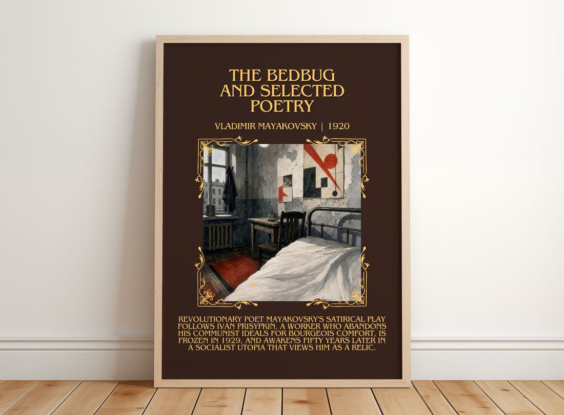 Bedbug And Selected Poetry Minimalist Book Poster by V. Mayakovsky – framed print leaning on a wooden floor