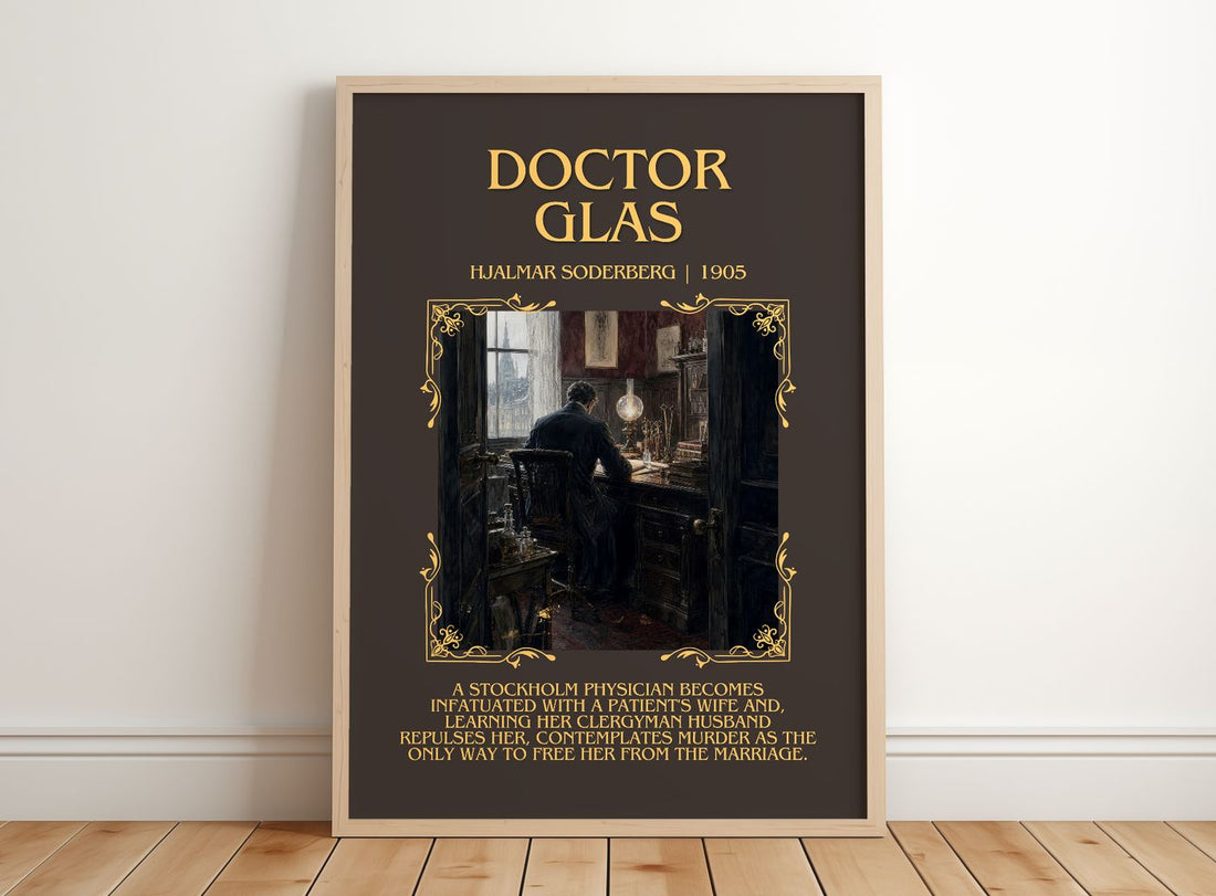 Doctor Glas Minimalist Book Poster by Hjalmar Soderberg – framed print leaning on a wooden floor