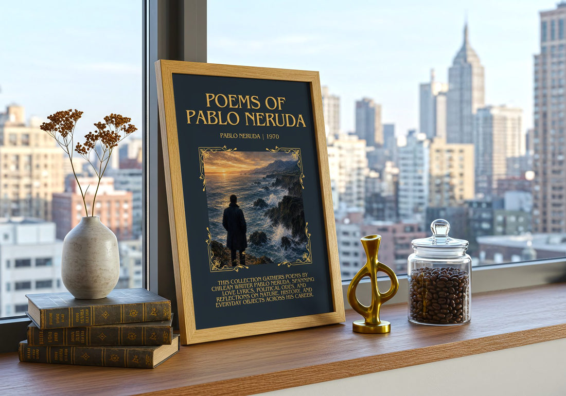 Poems of Pablo Neruda Minimalist Book Poster by Pablo Neruda – framed print on a city-view windowsill