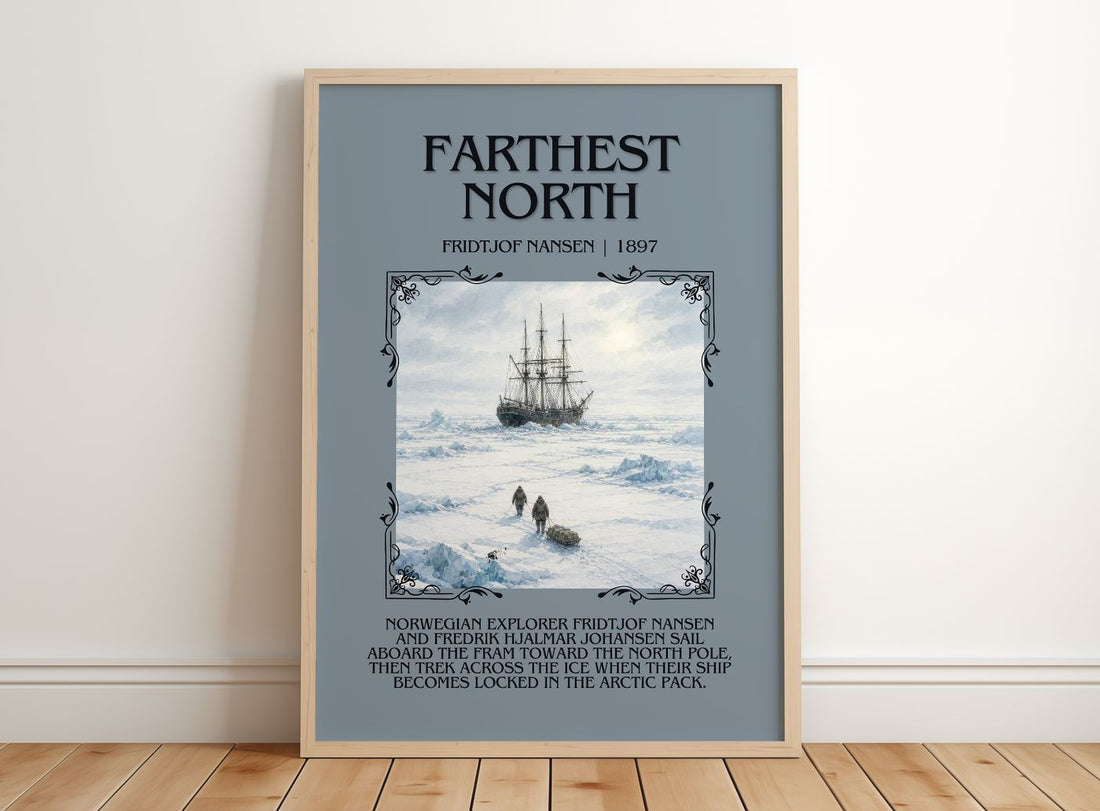 Farthest North Minimalist Book Poster by Fridtjof Nansen – framed print leaning on a wooden floor