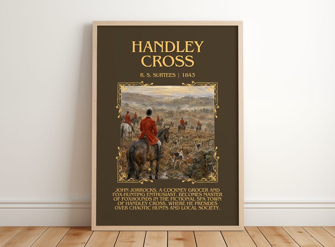 Handley Cross Minimalist Book Poster by R. S. Surtees – framed print leaning on a wooden floor
