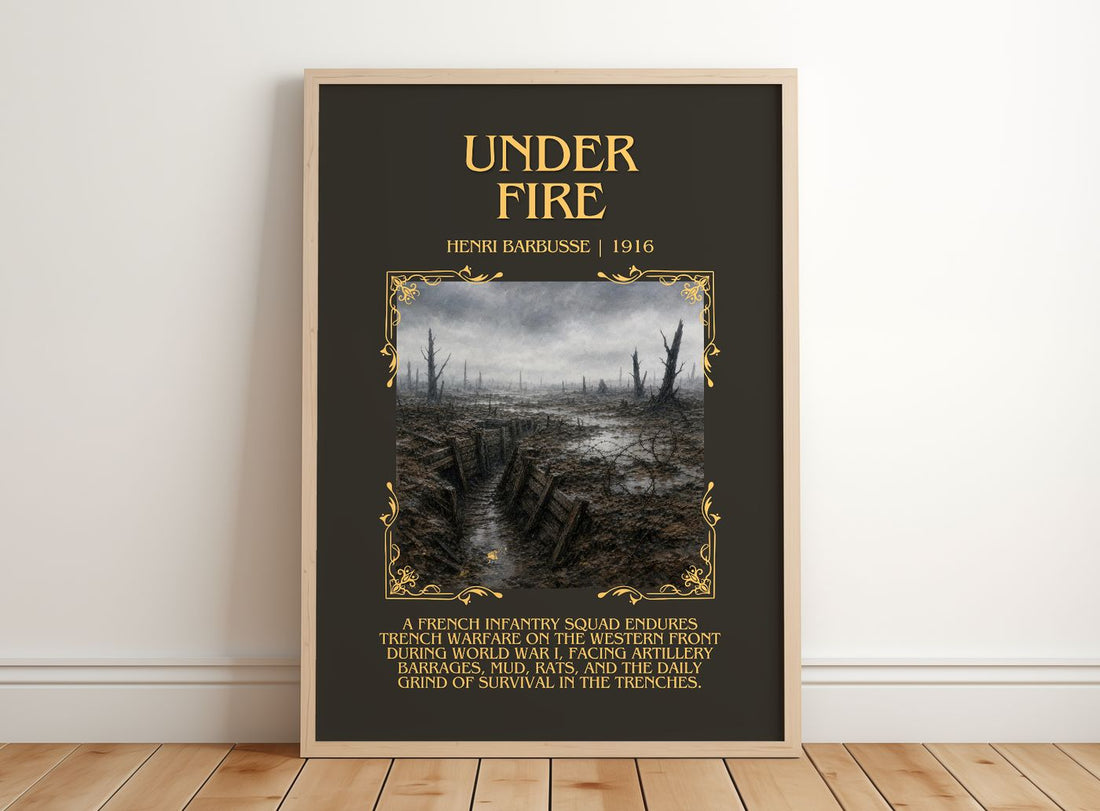 Under Fire Minimalist Book Poster by Henri Barbusse – framed print leaning on a wooden floor