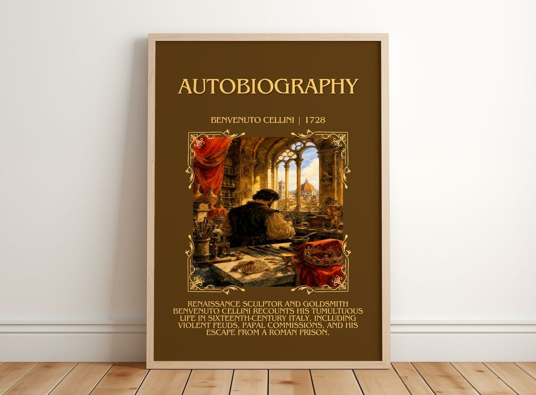 Autobiography Minimalist Book Poster by Benvenuto Cellini – framed print leaning on a wooden floor