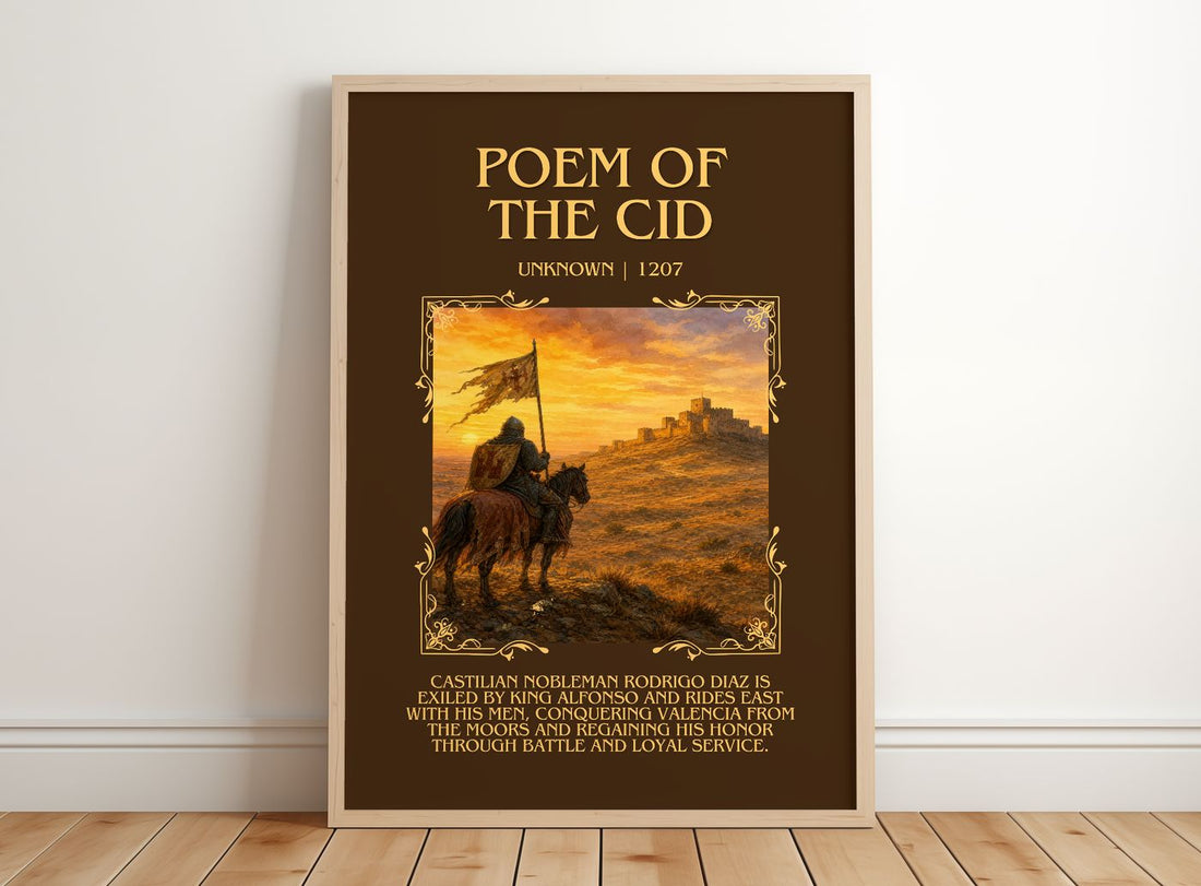 Poem of the Cid Minimalist Book Poster by Unknown – framed print leaning on a wooden floor