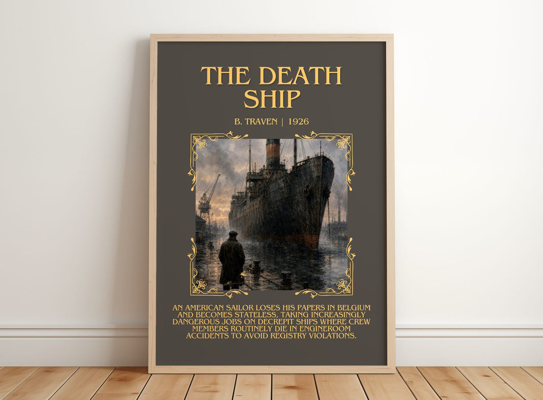 The Death Ship Minimalist Book Poster by B. Traven – framed print leaning on a wooden floor