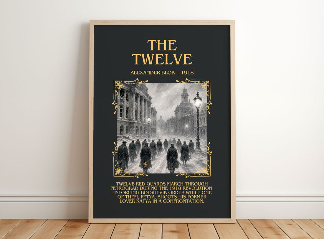 The Twelve Minimalist Book Poster by Alexander Blok – framed print leaning on a wooden floor