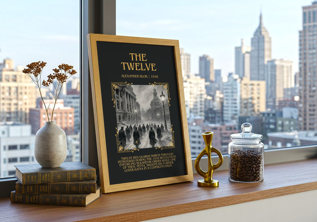 The Twelve Minimalist Book Poster by Alexander Blok – framed print on a city-view windowsill