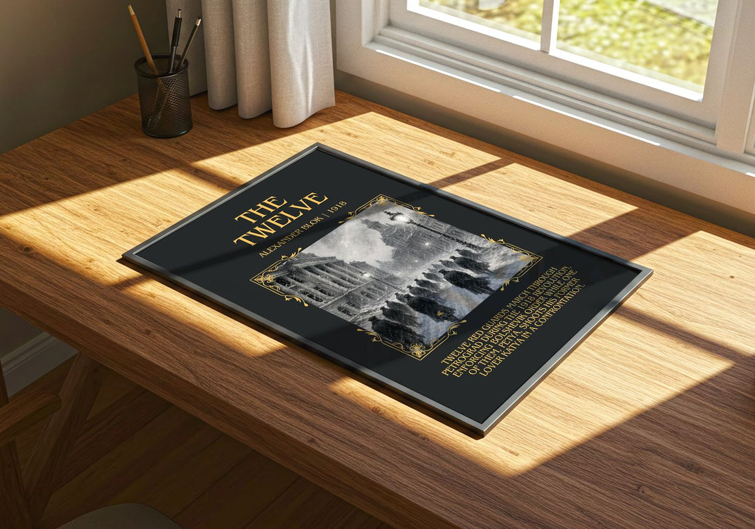 The Twelve Minimalist Book Poster by Alexander Blok – print on a sunlit desk