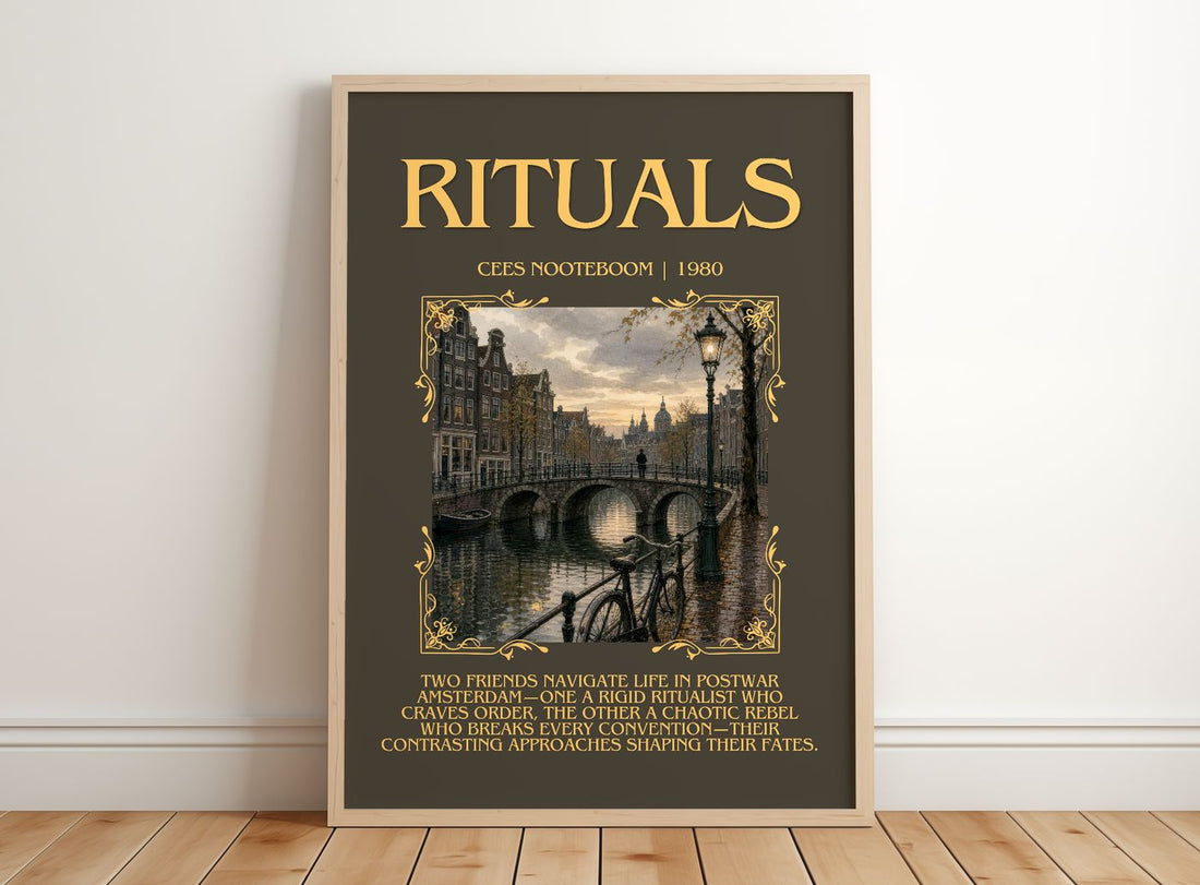 Rituals Minimalist Book Poster by Cees Nooteboom – framed print leaning on a wooden floor