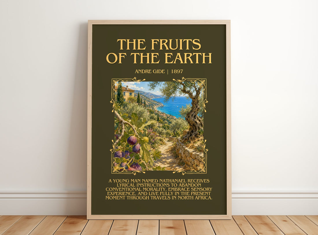 The Fruits of the Earth Minimalist Book Poster by André Gide – framed print leaning on a wooden floor