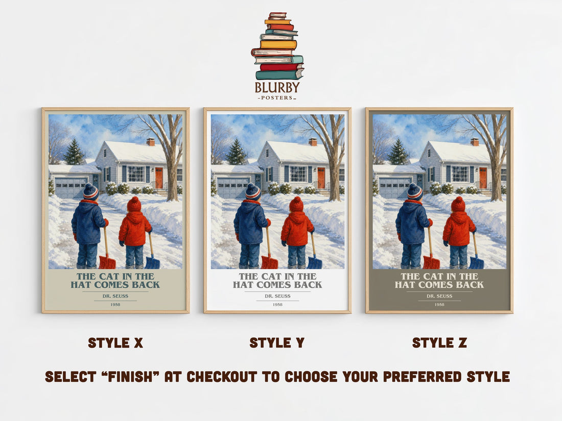 The Cat In The Hat Comes Back book cover print in frame leaning in hallway – childrens wall art (mockup)