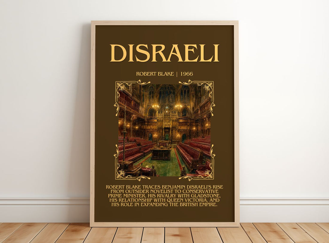 Disraeli Minimalist Book Poster by Robert Blake – framed print leaning on a wooden floor