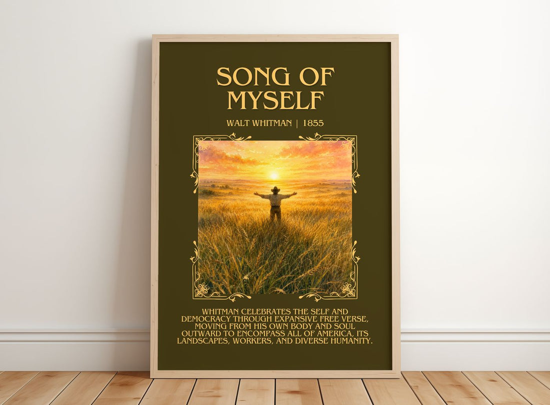 Song Of Myself Minimalist Book Poster by Walt Whitman – framed print leaning on a wooden floor
