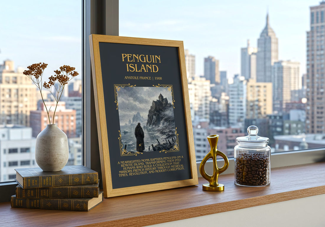 Penguin Island Minimalist Book Poster by Anatole France – framed print on a city-view windowsill