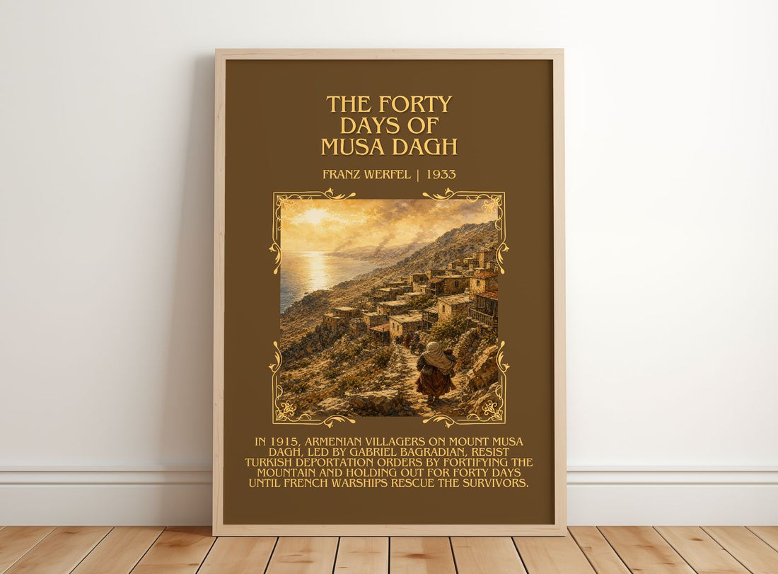 The Forty Days Of Musa Dagh Minimalist Book Poster by Franz Werfel – framed print leaning on a wooden floor