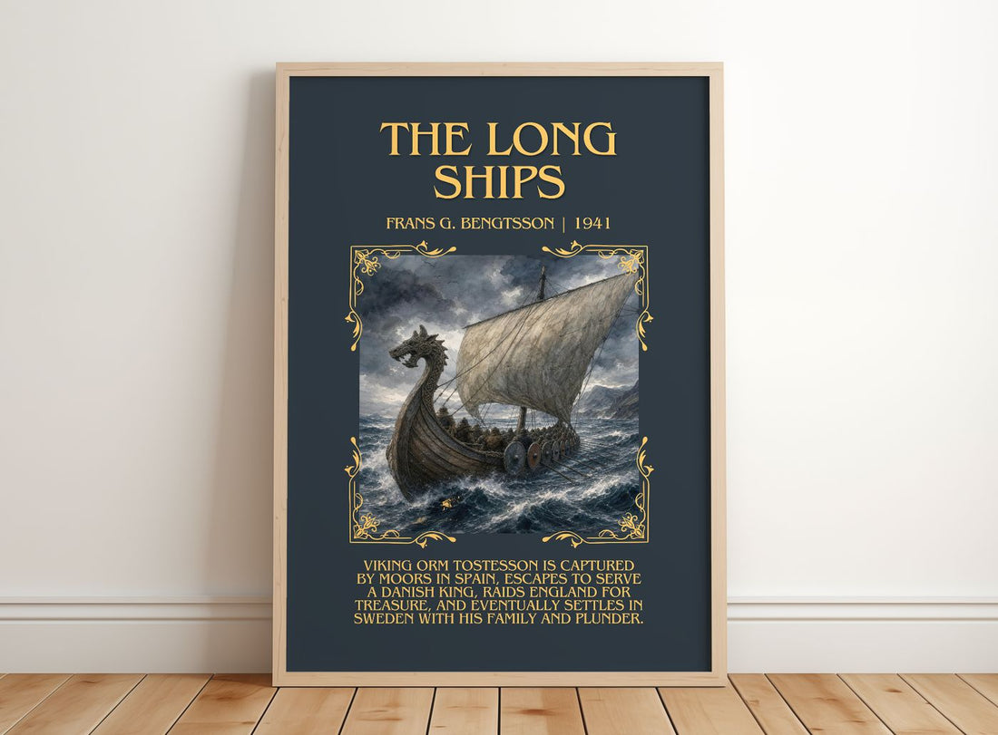 The Long Ships Minimalist Book Poster by Frans G. Bengtsson – framed print leaning on a wooden floor