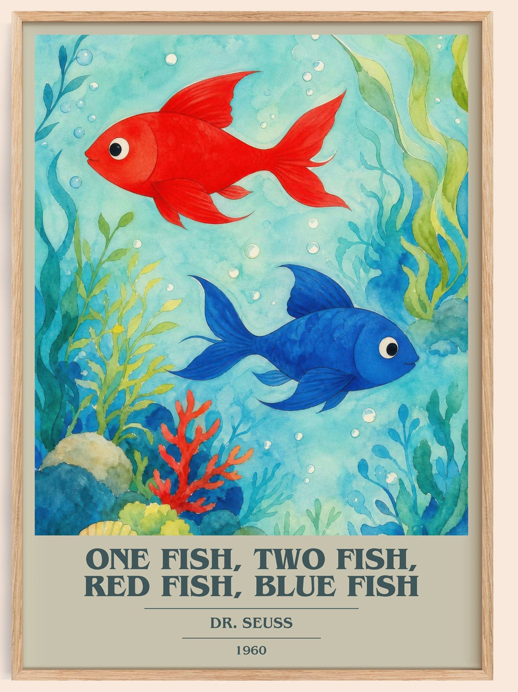 One Fish, Two Fish, Red Fish, Blue Fish book cover book poster by Dr. Seuss – framed literary art print