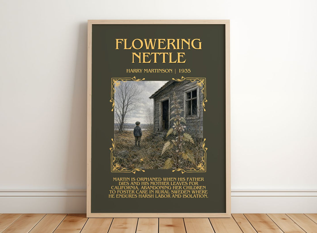 Flowering Nettle Minimalist Book Poster by Harry Martinson – framed print leaning on a wooden floor
