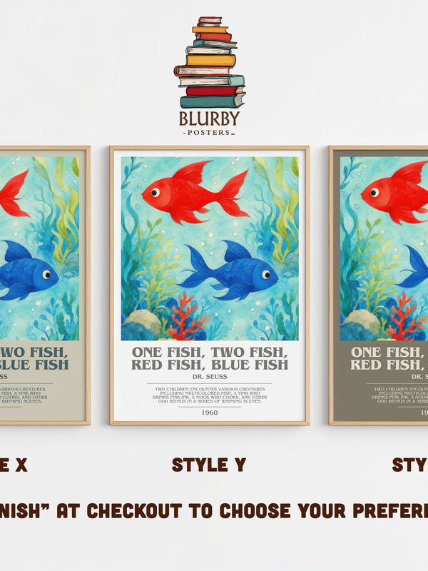 One Fish, Two Fish, Red Fish, Blue Fish bookish print in frame leaning in hallway – childrens wall art