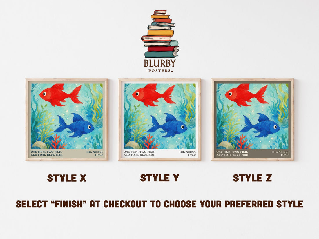 One Fish, Two Fish, Red Fish, Blue Fish literary print in frame leaning in hallway – childrens wall art (mockup)
