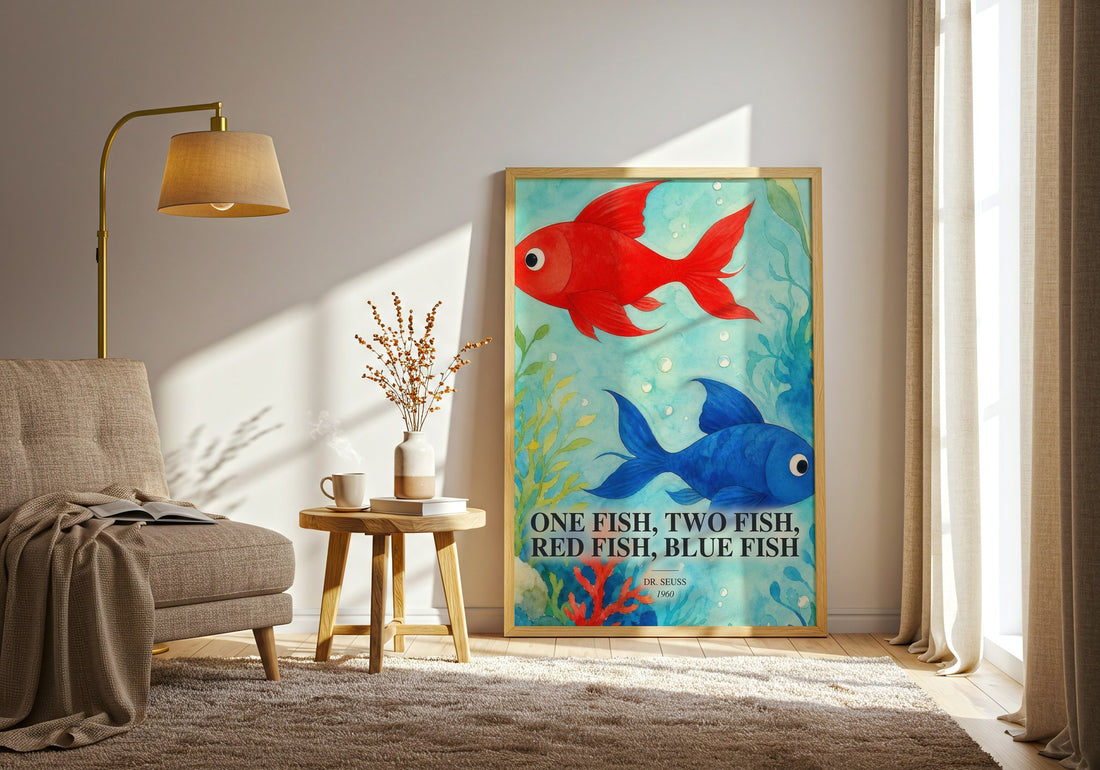 One Fish, Two Fish, Red Fish, Blue Fish watercolour print in frame leaning in hallway – childrens wall art (mockup)