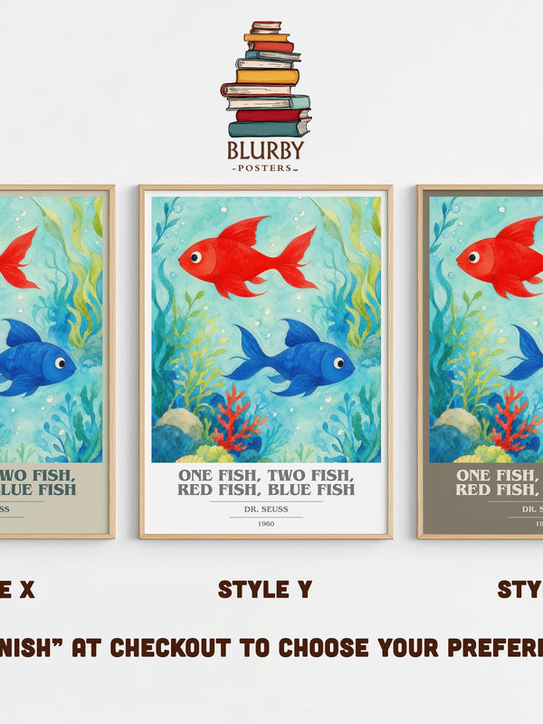 One Fish, Two Fish, Red Fish, Blue Fish book cover print in frame leaning in hallway – childrens wall art