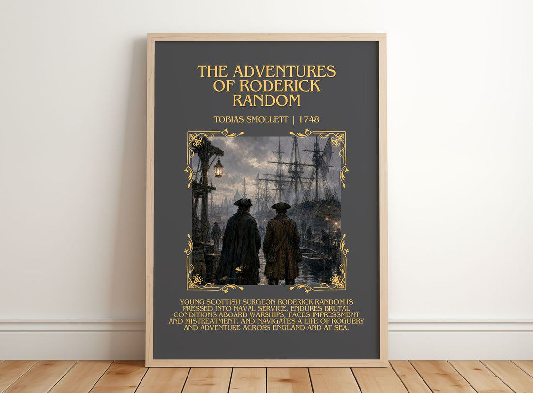 Adventures Of Roderick Random Minimalist Book Poster by T. Smollett – framed print leaning on a wooden floor