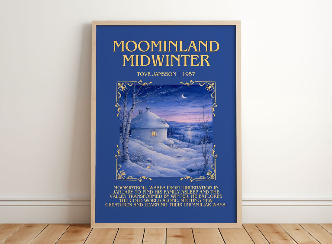 Moominland Midwinter Minimalist Book Poster by Tove Jansson – framed print leaning on a wooden floor