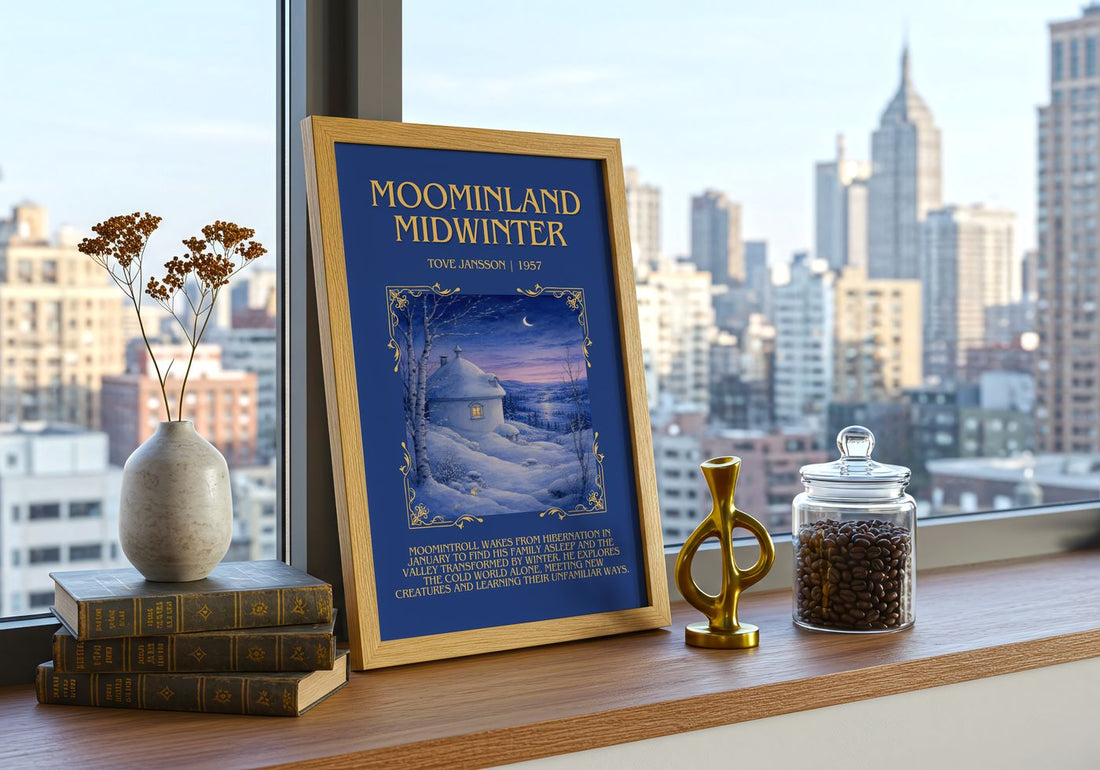 Moominland Midwinter Minimalist Book Poster by Tove Jansson – framed print on a city-view windowsill