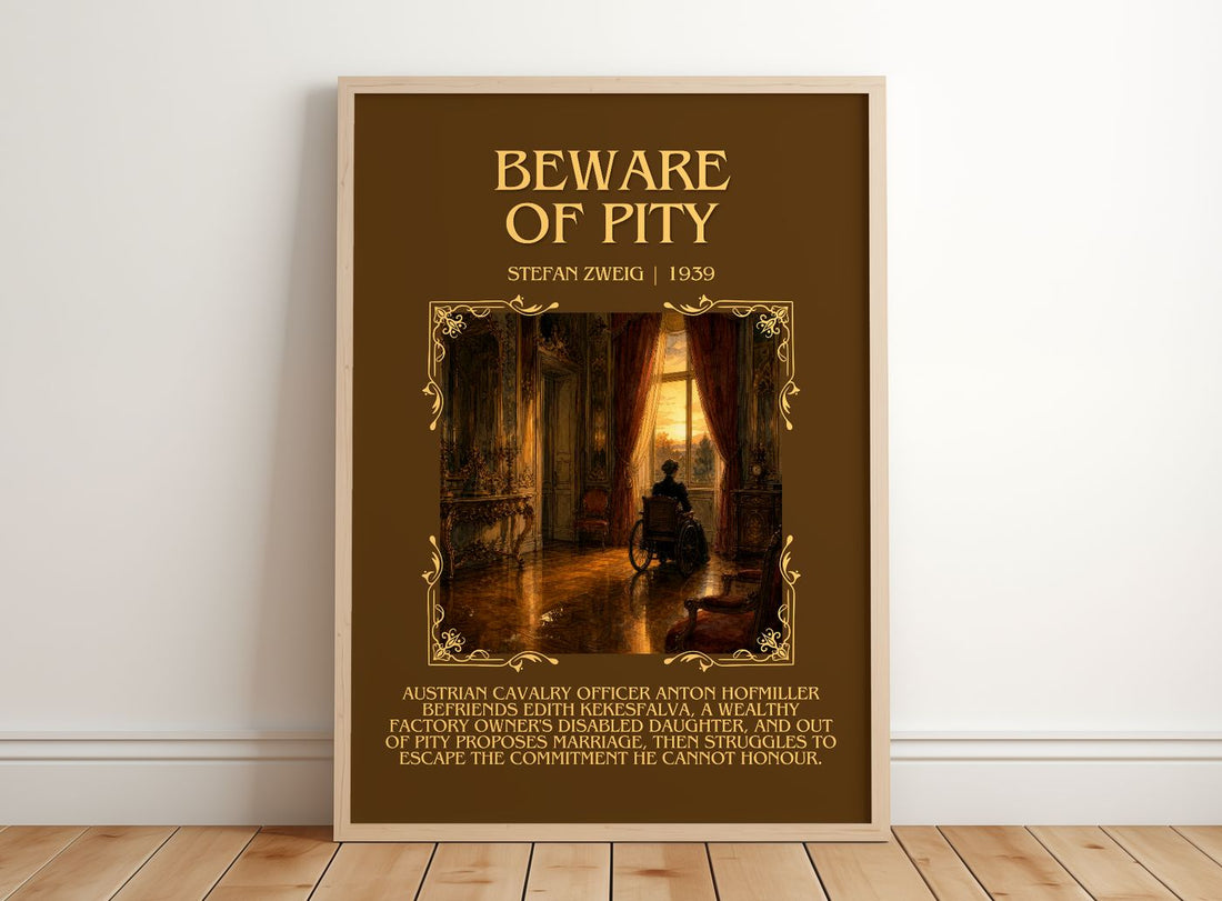 Beware Of Pity Minimalist Book Poster by Stefan Zweig – framed print leaning on a wooden floor