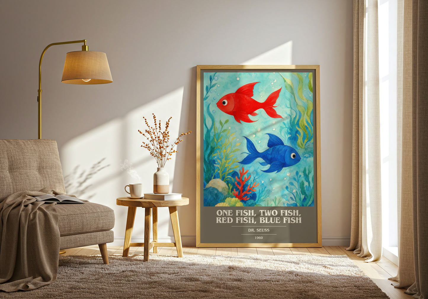 One Fish, Two Fish, Red Fish, Blue Fish book cover print on bookshelf – Dr. Seuss fan gift