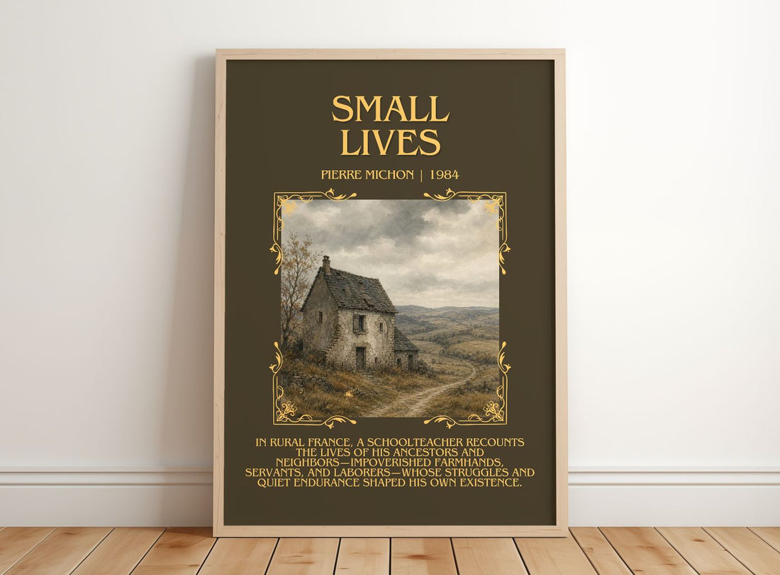 Small Lives Minimalist Book Poster by Pierre Michon – framed print leaning on a wooden floor