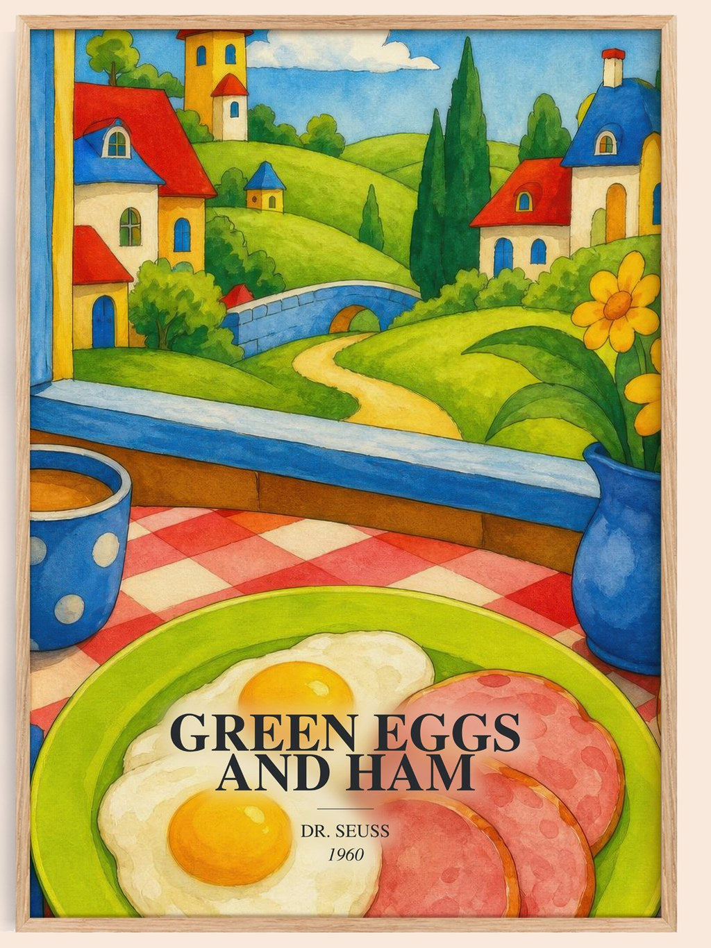 Green Eggs And Ham watercolour book poster by Dr. Seuss – framed literary art print