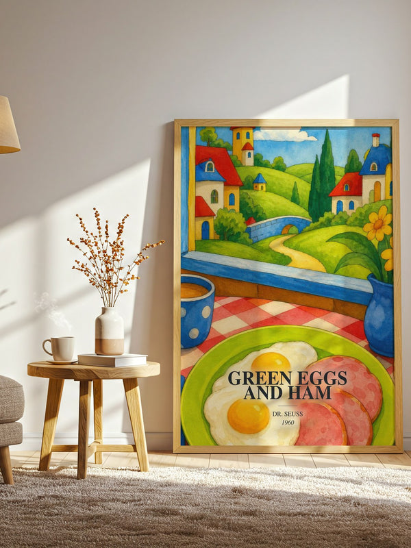 Green Eggs And Ham watercolour print in frame leaning in hallway – childrens wall art