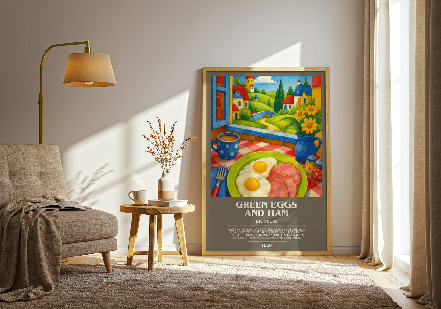 Green Eggs And Ham bookish print on bookshelf – Dr. Seuss fan gift