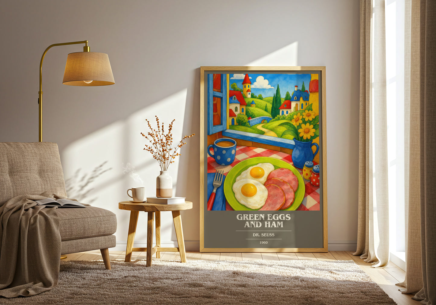 Green Eggs And Ham book cover print on bookshelf – Dr. Seuss fan gift
