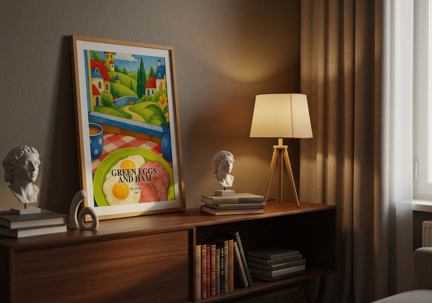 Green Eggs And Ham watercolour print on bookshelf – Dr. Seuss fan gift