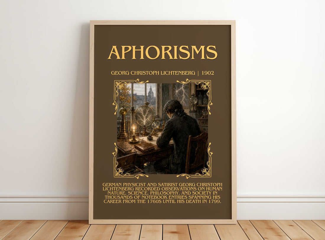 Aphorisms Minimalist Book Poster by Georg Christoph Lichtenberg – framed print leaning on a wooden floor