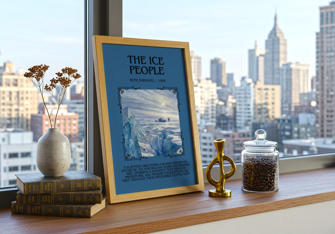 The Ice People Minimalist Book Poster by René Barjavel – framed print on a city-view windowsill