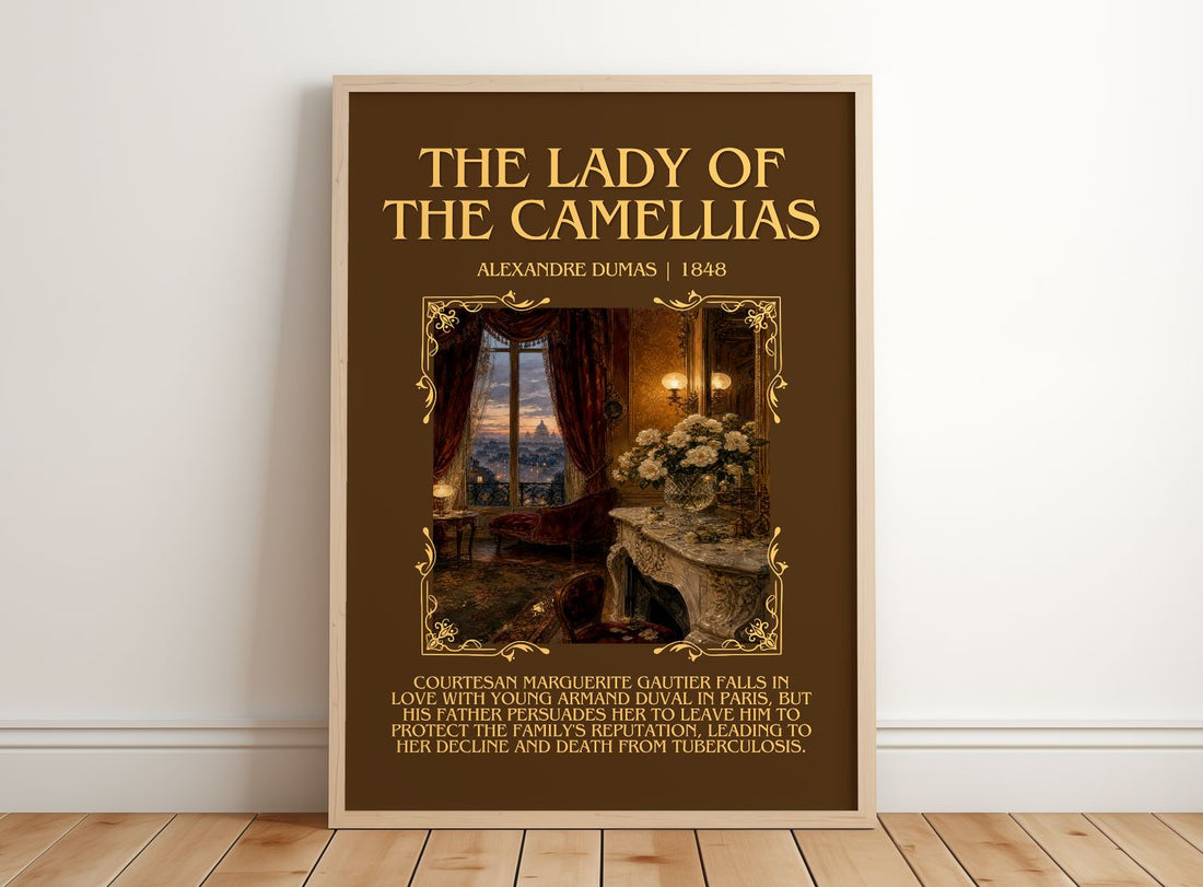 The Lady Of The Camellias Minimalist Book Poster by Alexandre Dumas – framed print leaning on a wooden floor