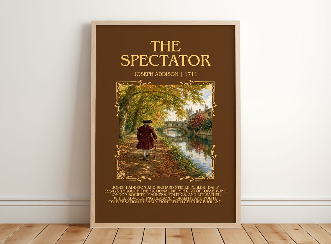 The Spectator Minimalist Book Poster by Joseph Addison – framed print leaning on a wooden floor