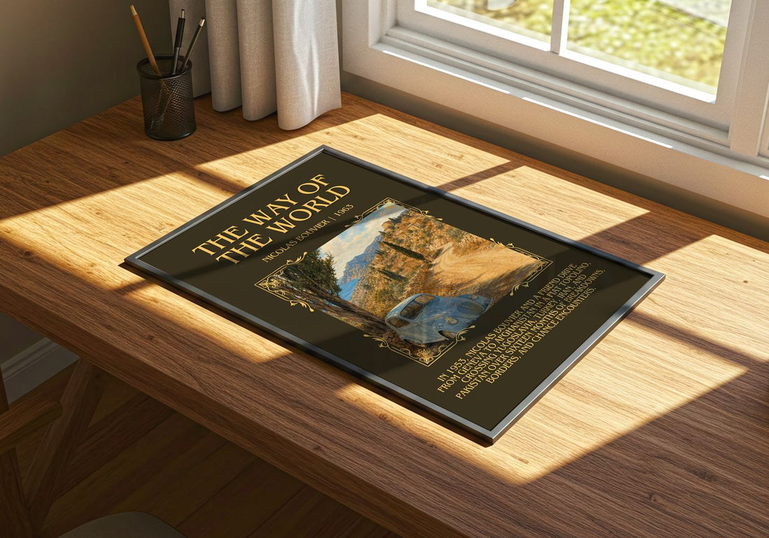 The Way Of The World Minimalist Book Poster by Nicolas Bouvier – print on a sunlit desk