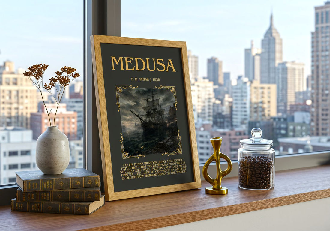 Medusa Minimalist Book Poster by E. H. Visiak – framed print on a city-view windowsill