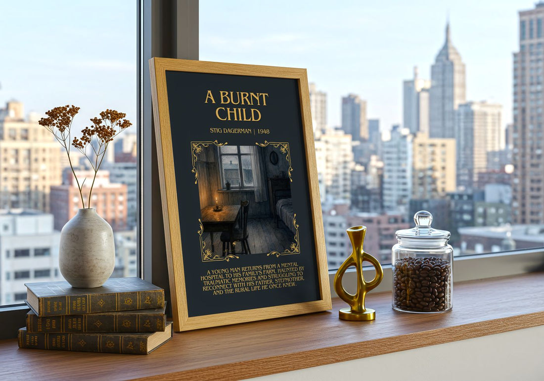 A Burnt Child Minimalist Book Poster by Stig Dagerman – framed print on a city-view windowsill
