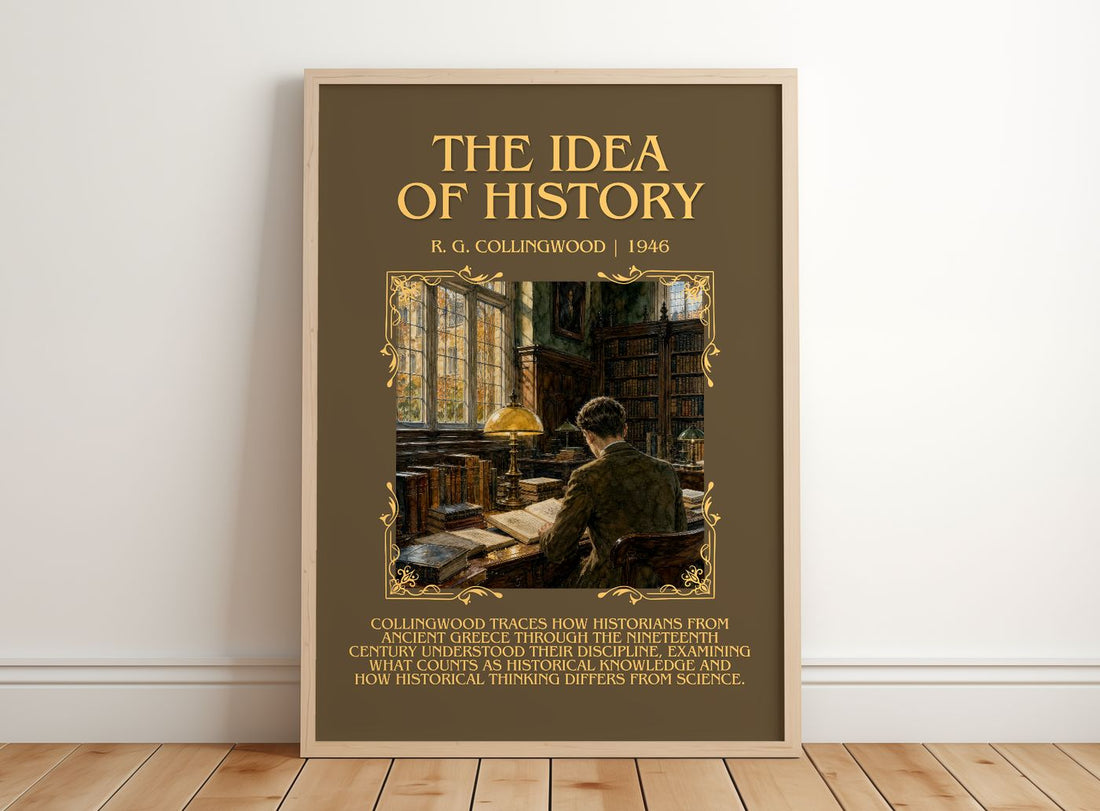 The Idea of History Minimalist Book Poster by R. G. Collingwood – framed print leaning on a wooden floor