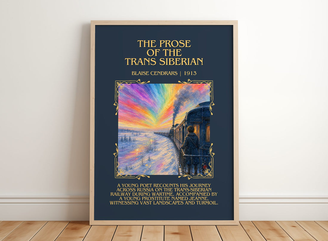 Prose Of The Trans Siberian Minimalist Book Poster by Blaise Cendrars – framed print leaning on a wooden floor