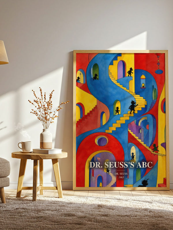 Dr. Seuss'S Abc watercolour print in frame leaning in hallway – childrens wall art